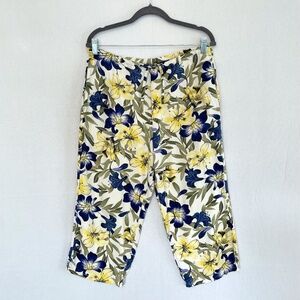 Island Traders Wide Leg Crop Pants Yellow Purple Hibiscus Flowers Size Large